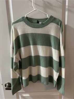 H&M Striped Crewneck Sweater - Sage Green & Cream